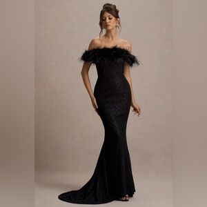 BLACK LACE BARDOT FEATHER FISHTAIL MAXI DRESS